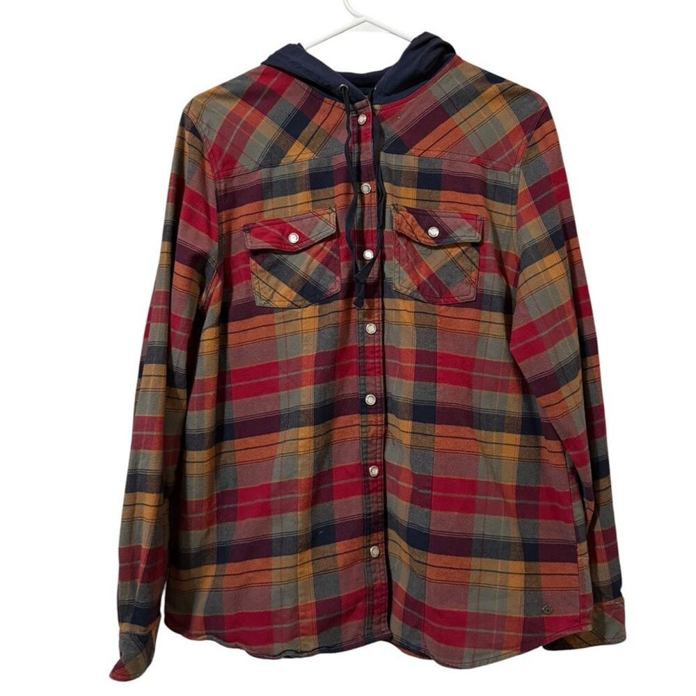 Legendary Whitetails Rustic Plaid w Pearl Snap Hoodie Flannel Shirt Men Sz Large